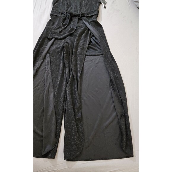 Addison Evenings Womens Black Slit Leg V Neck Glitter Jumpsuit Romper Whimsigoth - Picture 6 of 9